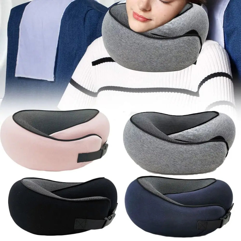 Collage of travel neck pillows in various colors with a person wearing one.