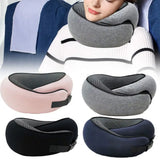 Collage of travel neck pillows in various colors with a person wearing one.